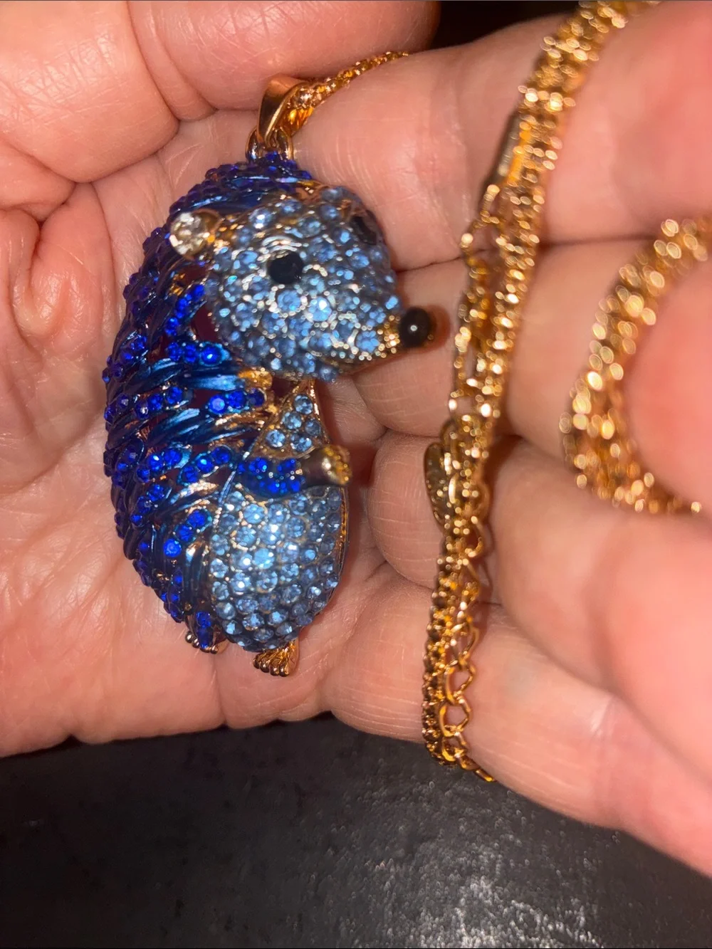 Blue Crystal Hedgehog Pendant Necklace - Gold Tone